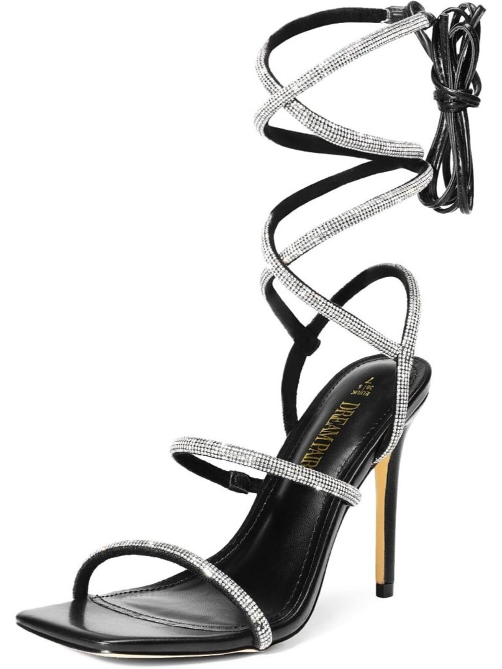 Women's Black Strappy Stilettos Gladiator Sexy Square Toe Open Toe Pump Sandals